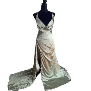 Satin Sage Green Spaghetti Strap Cross Back Corset Floor Length Slit Dress